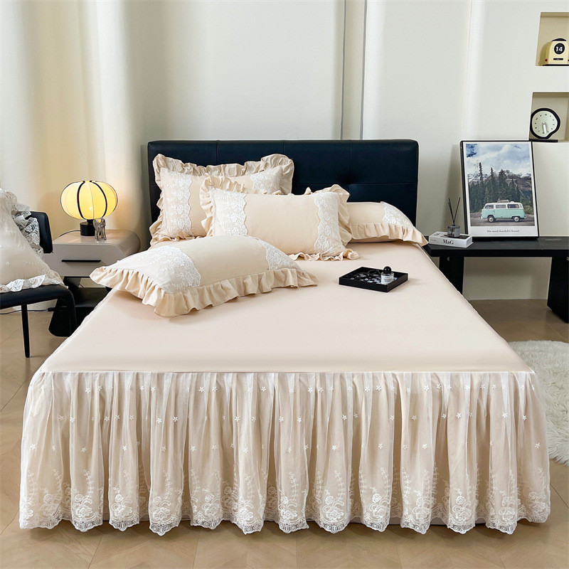 A类水洗棉法式蕾丝花边床裙三件套单件床单花边裙摆式床垫保护套.