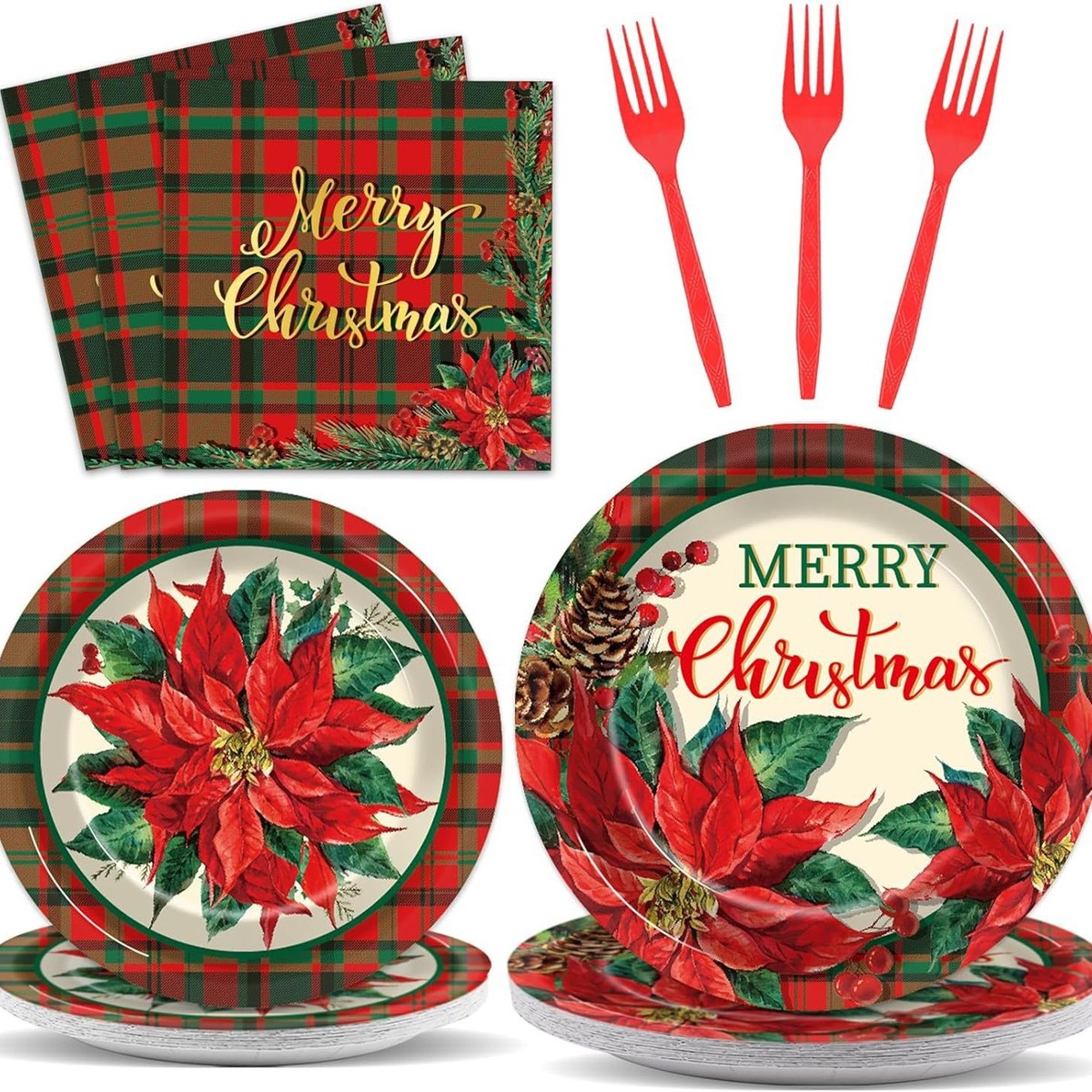 红绿新款格子花卉圣诞节主题派对套装一次性甜品餐具用品套装