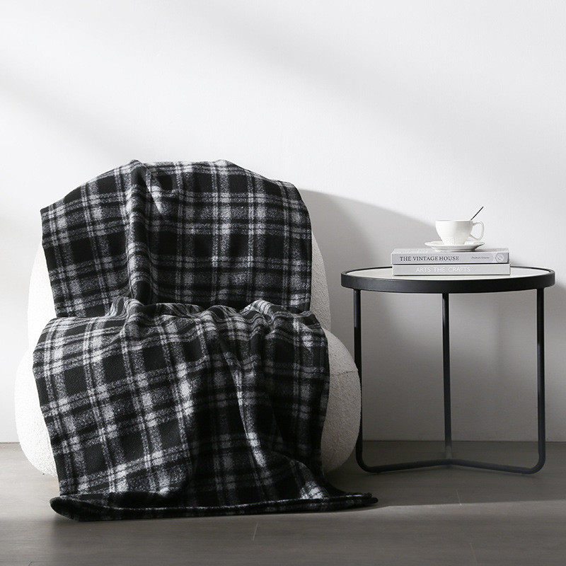 热销现代简约黑白毛呢格子搭毯床尾巾搭客厅沙发主卧床毯样板房间