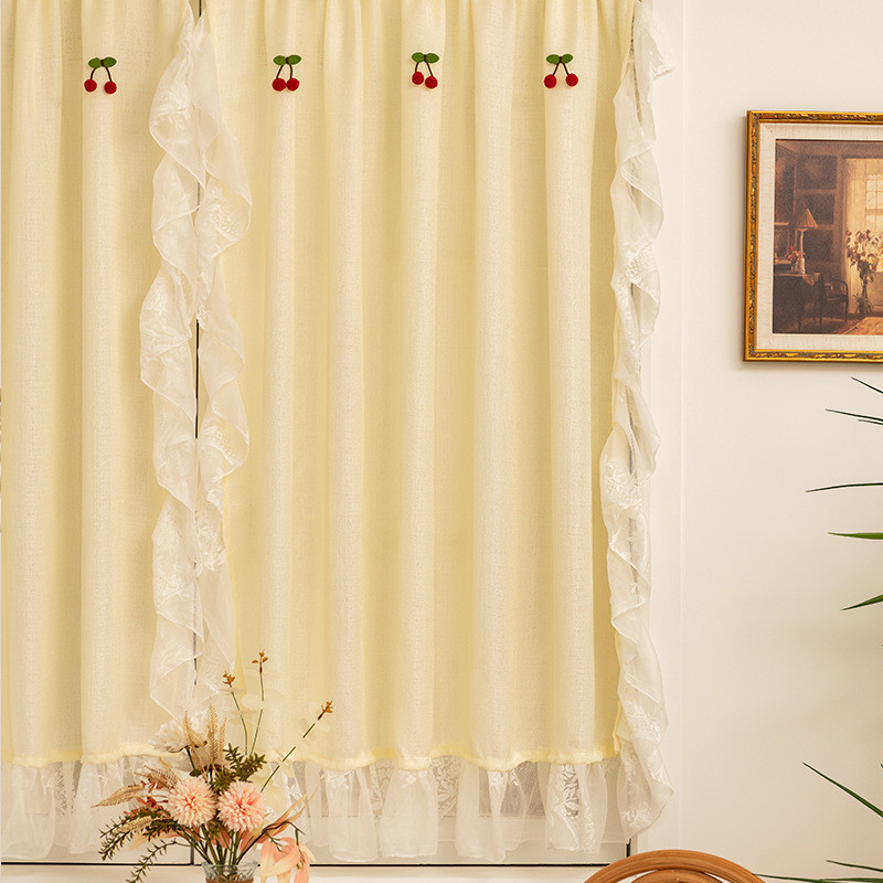 法式奶油风纱帘蕾丝荷叶边女孩公主小窗帘免打孔飘窗门帘隔断短帘