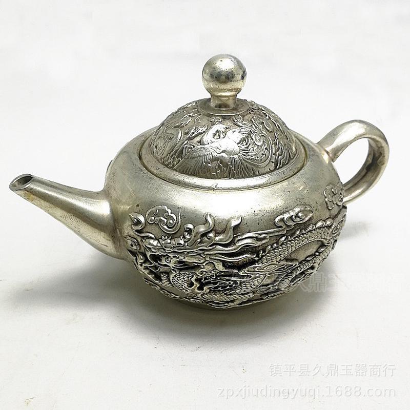 旧杂项批发 仿古做古玩银器龙凤茶壶批发 仿古银饰家居办公摆件