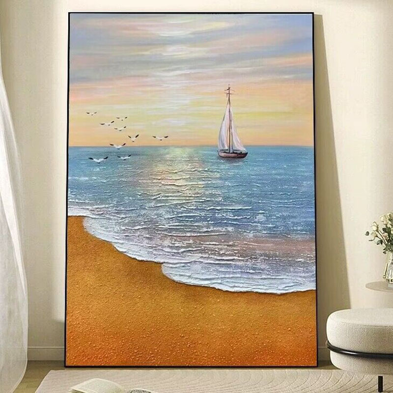 手绘油画一帆风顺客厅装饰画砂岩立体走廊玄关肌理挂画海景抽象画