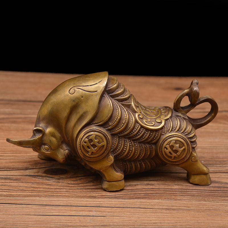宏达纯铜仿古鎏金小号铜牛华尔街牛批发工艺摆件