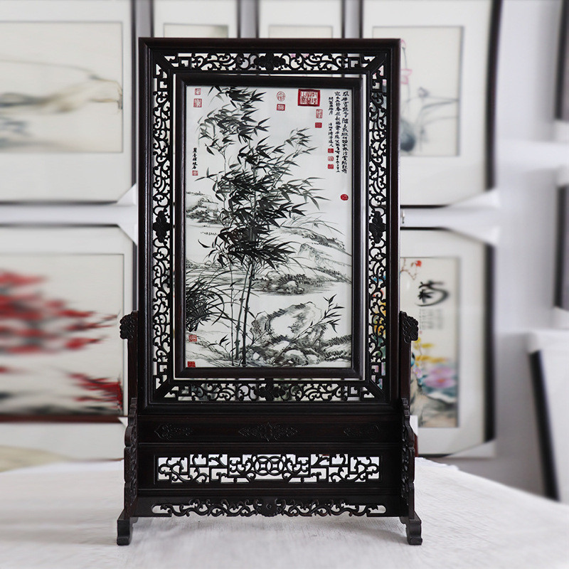苏绣双面刺绣古风摆件客厅卧室手工真绣品繁花竹子小屏风蚕丝