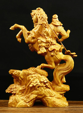 小叶家居装饰立马关公实木黄杨木雕文玩摆件手工雕刻人像武财神关