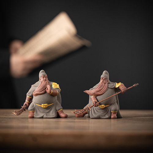 热销关公茶宠精品摆件关羽紫砂茶宠陶泥手工雕塑工艺品摆件茶道配