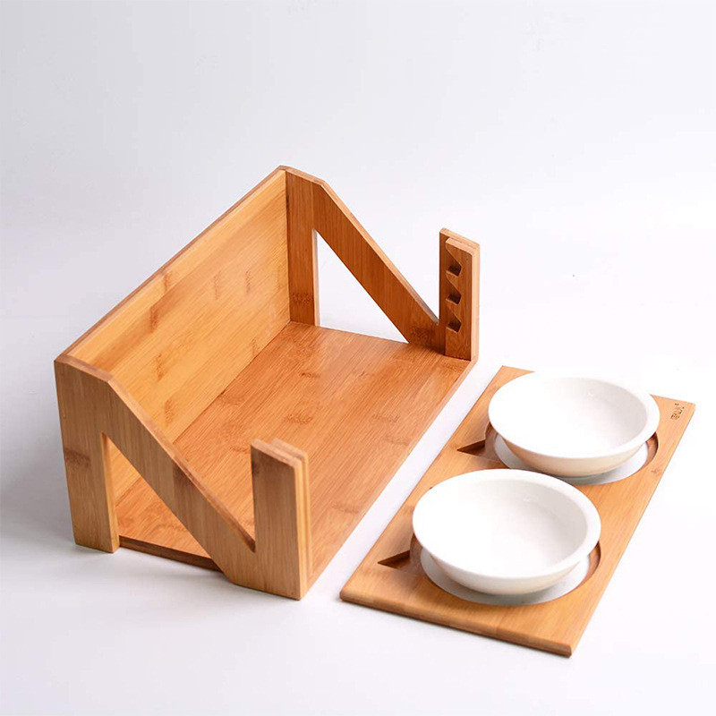 竹制实木架子斜口猫碗打翻悬挂式斜面防狗碗可调节高度双碗厂家