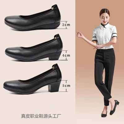 68小众高货空姐工作鞋女黑色真皮单鞋春秋正装中跟高跟大码面试女