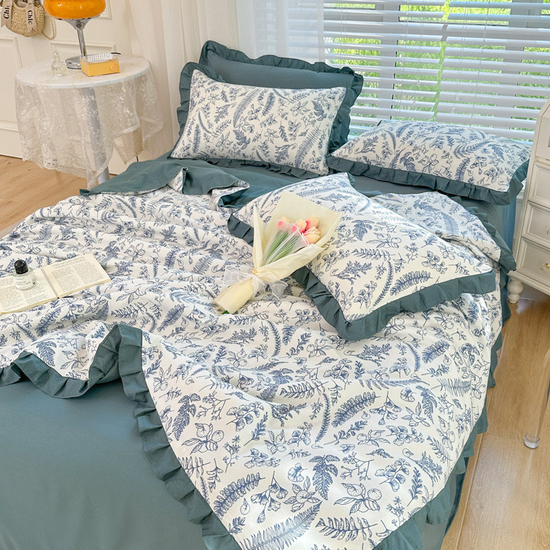 双层夏被水洗棉麻夏凉被四件套单纱双人韩版花边空调被可机洗