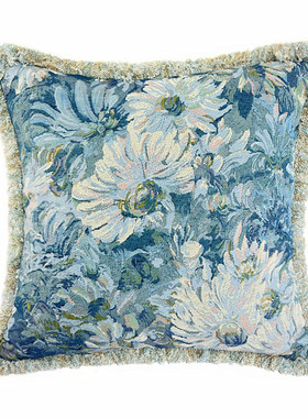 乡村复古油画花卉抱枕浅蓝流苏须边装饰沙发方形靠垫套45x45cm