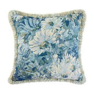 乡村复古须花卉抱枕浅蓝流苏油画边沙发装饰方形靠垫套45x45cm