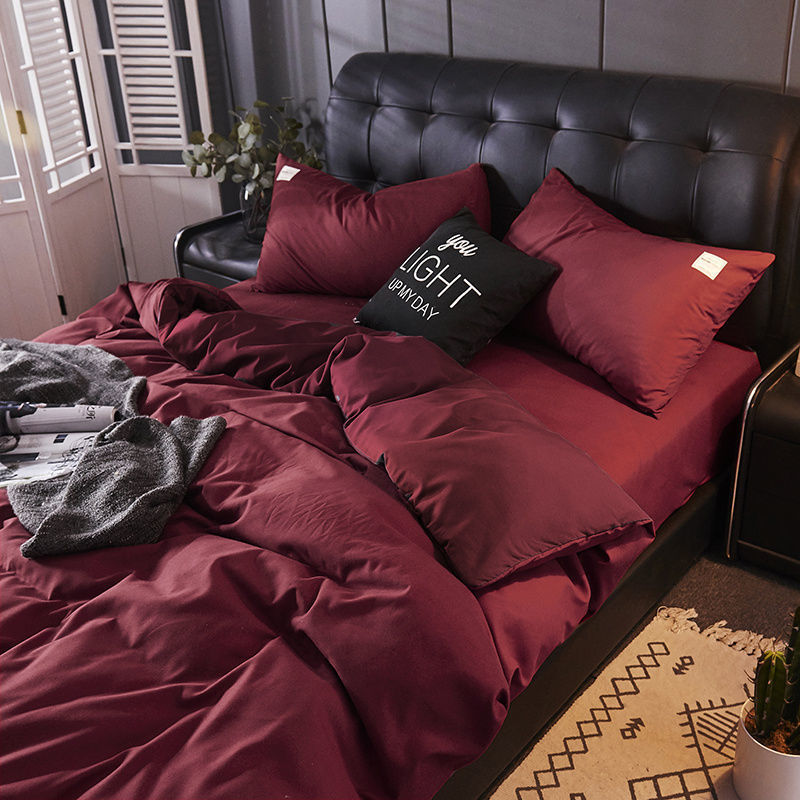 中式复古风枣红色婚庆用品四件套纯色简约床单被套宿舍床上三件套