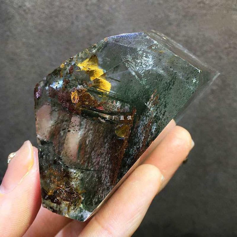 天然水晶绿幽灵原石摆件彩幽灵随形手把件四季幽灵原石家居装