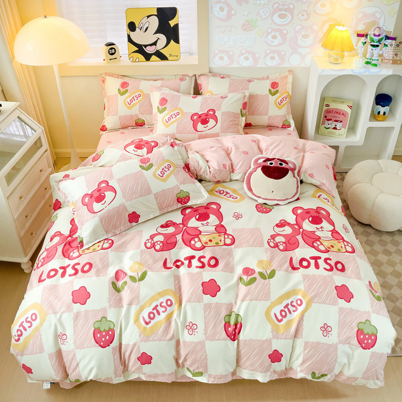 爆款迪士双人床亲肤棉卡通四件套草莓熊单妮被套维尼熊三件套
