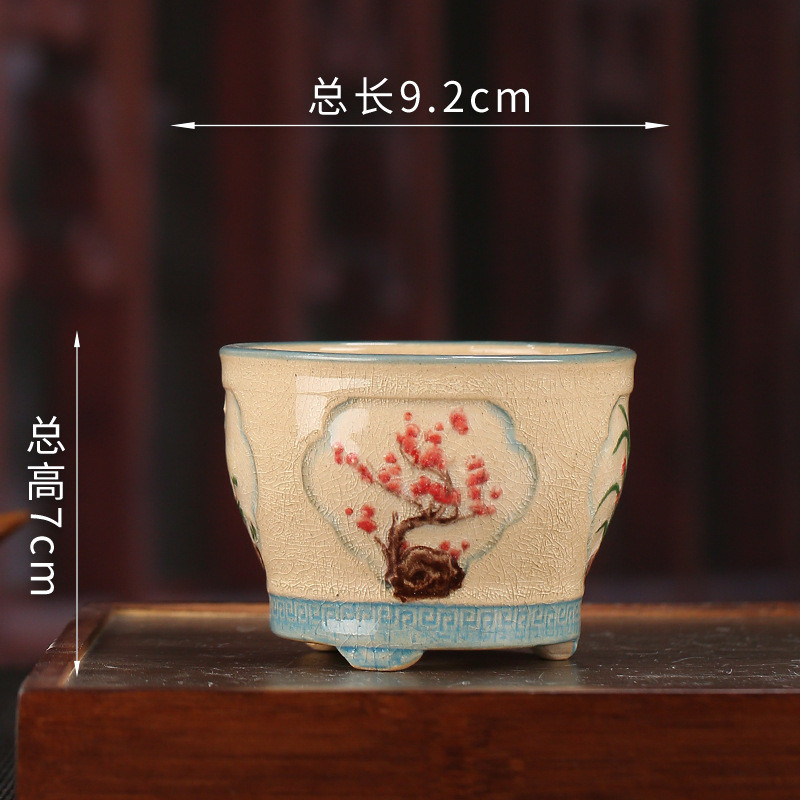 宜兴精品浮雕紫砂花盆批发创意仿古装饰圆形桌面三脚盆景盆yxfd02