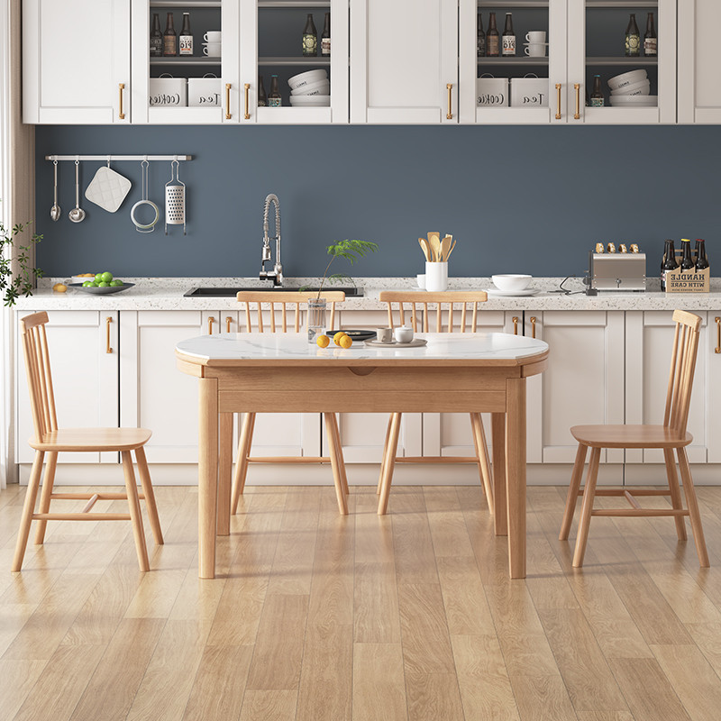 hf2x北欧全实木岩板餐桌椅组合家用小户型折叠现代简约伸缩圆吃饭