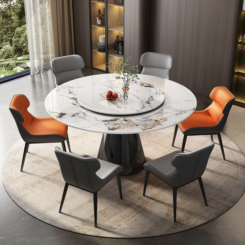 餐桌椅组合现代简约家用小户型带岩板圆形八人吃饭桌轻奢转盘