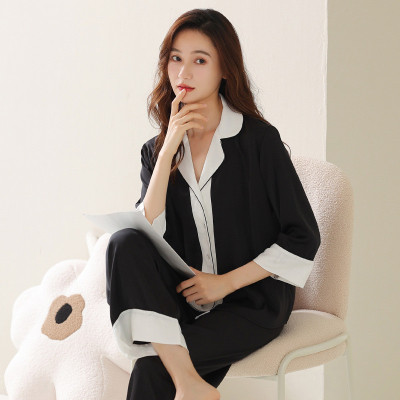 睡衣女春夏款夏季丝绸长袖家居服秋款薄款黑白高级感冰丝绸缎套装