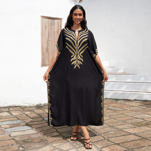 沙滩人棉罩衫金色绣花度假长袍l4078l