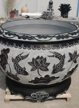 石雕鱼缸青石仿古水缸花盆大理石别墅鱼水缸荷花庭院园林景观摆件