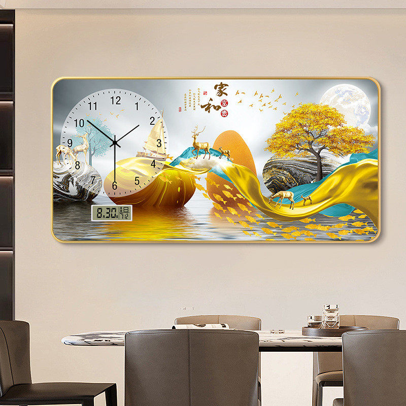 轻奢麋鹿餐厅装饰画2024新款电子钟表挂墙客厅饭桌万年历家用壁画