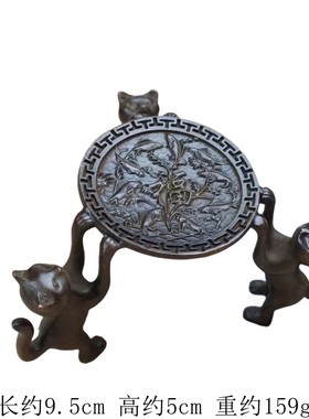 摆件仿古小猫盖置摆件小号茶道香炉铁壶三只小猫日式壶盖托架