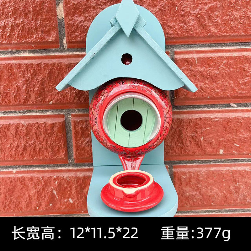新款户外装饰品陶瓷茶壶喂鸟器装饰花园庭院院子挂件木质摆件