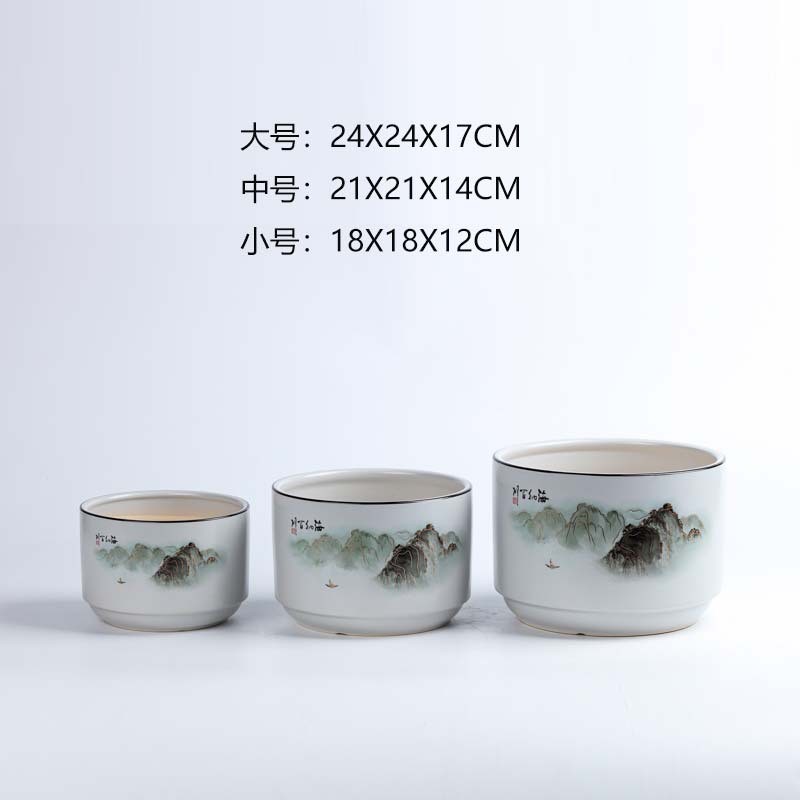 陶瓷花盆中国风 家用办公桌绿萝白掌盆栽种植盆蝴蝶兰花盆三件套