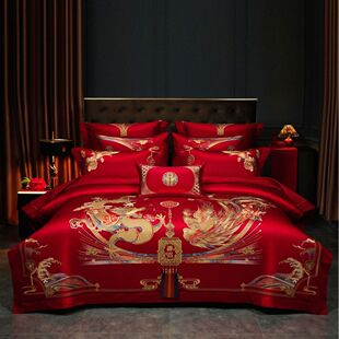 婚庆家纺龙凤红色刺绣四件套长绒棉刺绣床盖十件套结婚陪嫁喜被