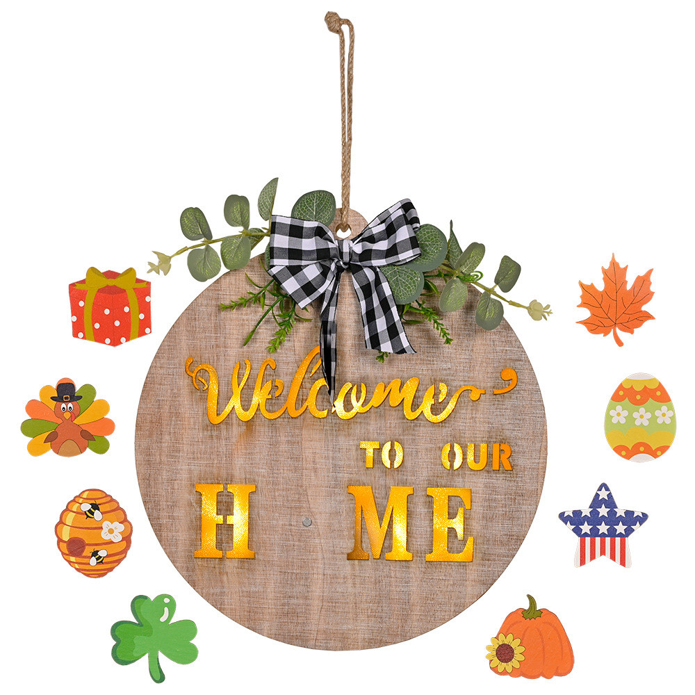 可换圣诞装饰圣诞木质带灯门牌格子蝴蝶结欢迎门牌新品配件