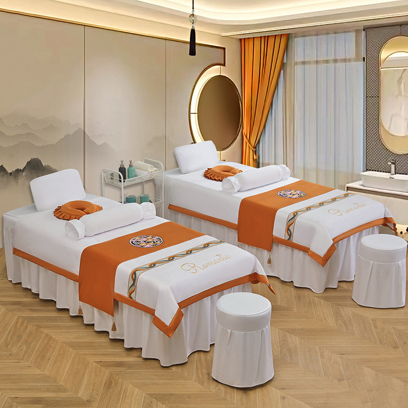 送纯色欧式简约时尚高档美容院会所按摩床套带洞美容床罩四件套芯