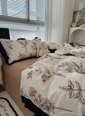 1vpr复古赫本风黑色花边手绘小花水洗棉四件套被套三学生床单床笠