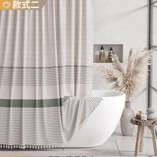 新款流苏家居复古条纹酒店浴帘免打孔防水防霉浴室含挂钩窗帘