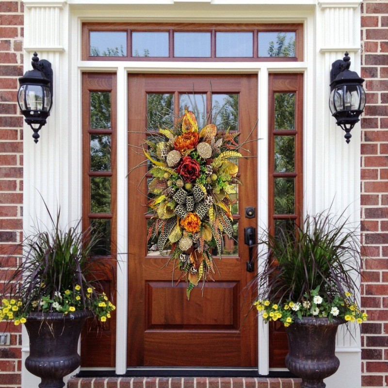热销2024跨境秋色感恩节花环挂豹纹丰收节壁挂仿真植物门前装饰季