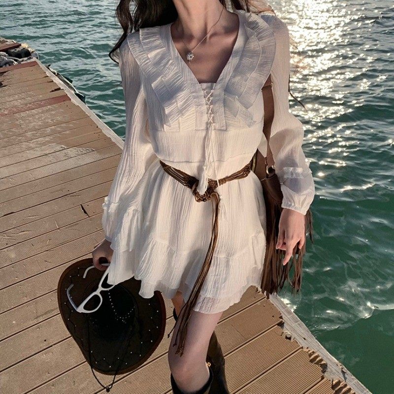 高货速发新疆草原旅游穿搭白色长袖连衣裙女夏季小个子云南川西度