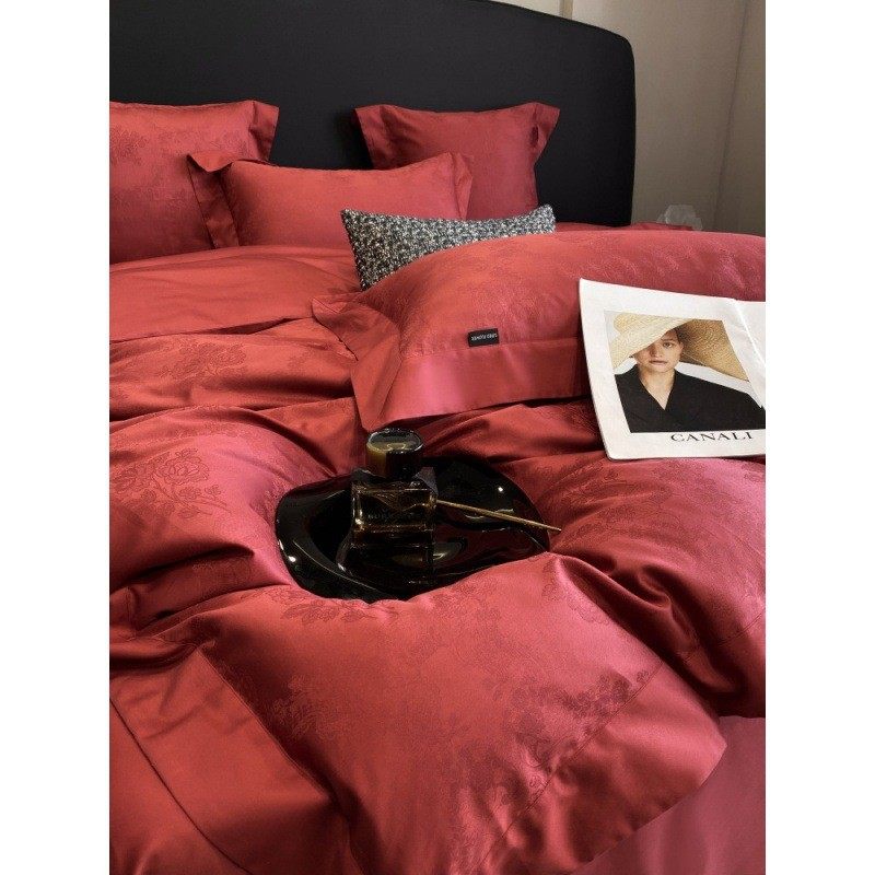 简约轻奢提花红色婚嫁全棉四件套120支长绒棉喜庆结婚床上喜被1.8