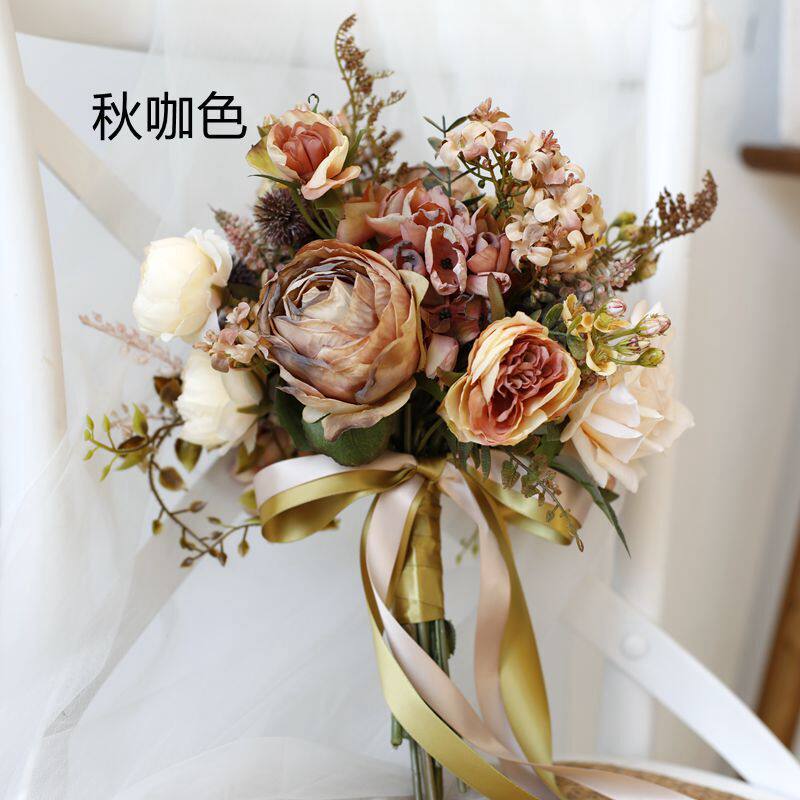 秋橘色秋红色复古烧边玫瑰新娘结婚手捧花婚纱花束拍摄道具写真