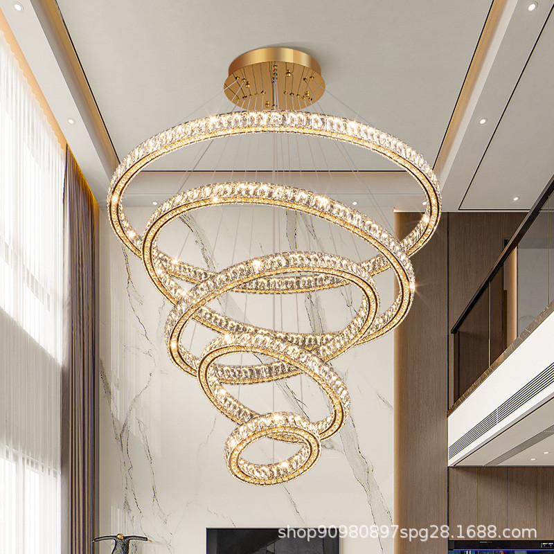 热销fnn1复式楼别墅客厅大吊灯简约现代轻奢水晶灯具公寓挑高楼梯