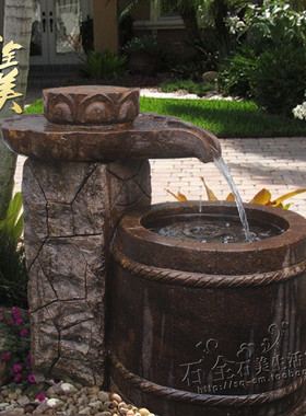 石雕流喷泉流石磨转动水带桶石头流水景观流水仿古荷花盘
