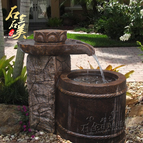 石雕流喷泉流石磨转动水带桶石头流水景观流水仿古荷花盘