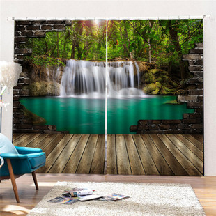 青砖墙热转印林瀑布风景高遮光窗帘后现代设计内森印花批发