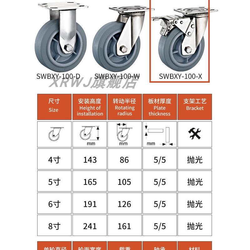 4寸5寸6寸8寸方边重型不锈钢橡胶静音固定万向双刹车脚轮推车tpr