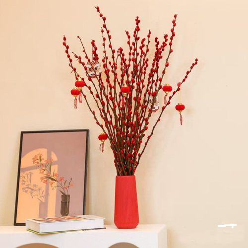 摆件柳真花鲜枝新年宵花卉盆栽红色干花福桶室内花客厅银柳干花银