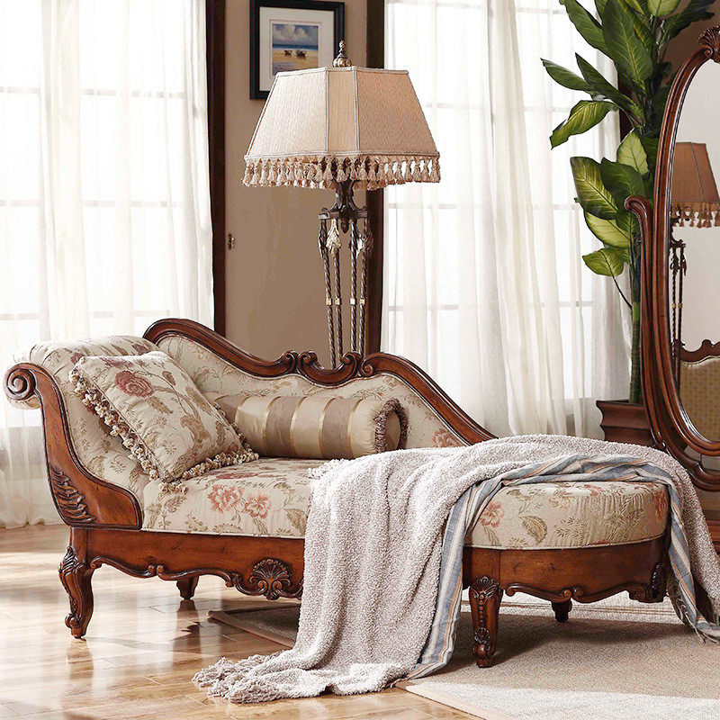 美式贵妃躺椅卧室客厅榻美人布艺懒人沙发太妃椅实木欧式贵妃椅
