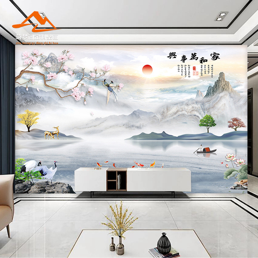 中式山水画8D客厅电视背景墙壁布花鸟3d立体壁画影视墙布2025新款