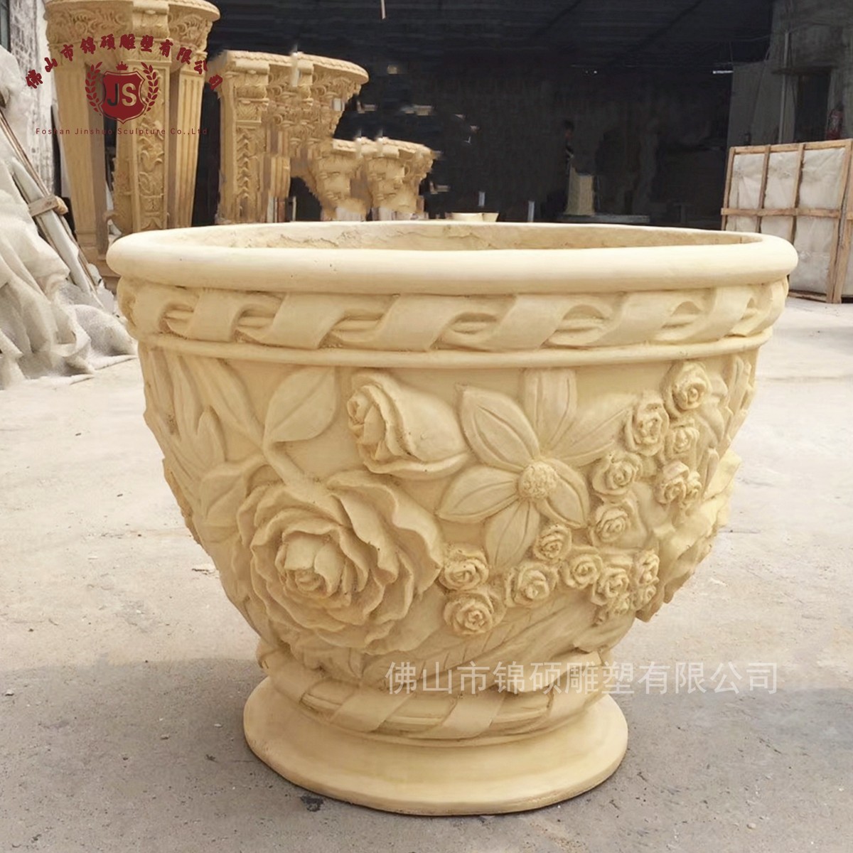 厂家砂岩石雕碗形花盆 别墅户外小区欧式花钵 大口径雕刻景观花盆