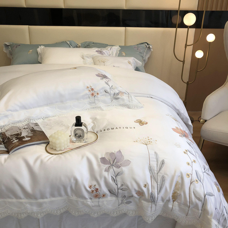 si6k蕾丝双面冰丝四件套天丝夏凉花卉被套床单床笠式刺绣床上用品