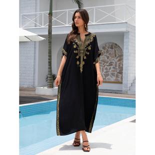 沙滩罩衫 人棉度假绣花金色长袍l4053l