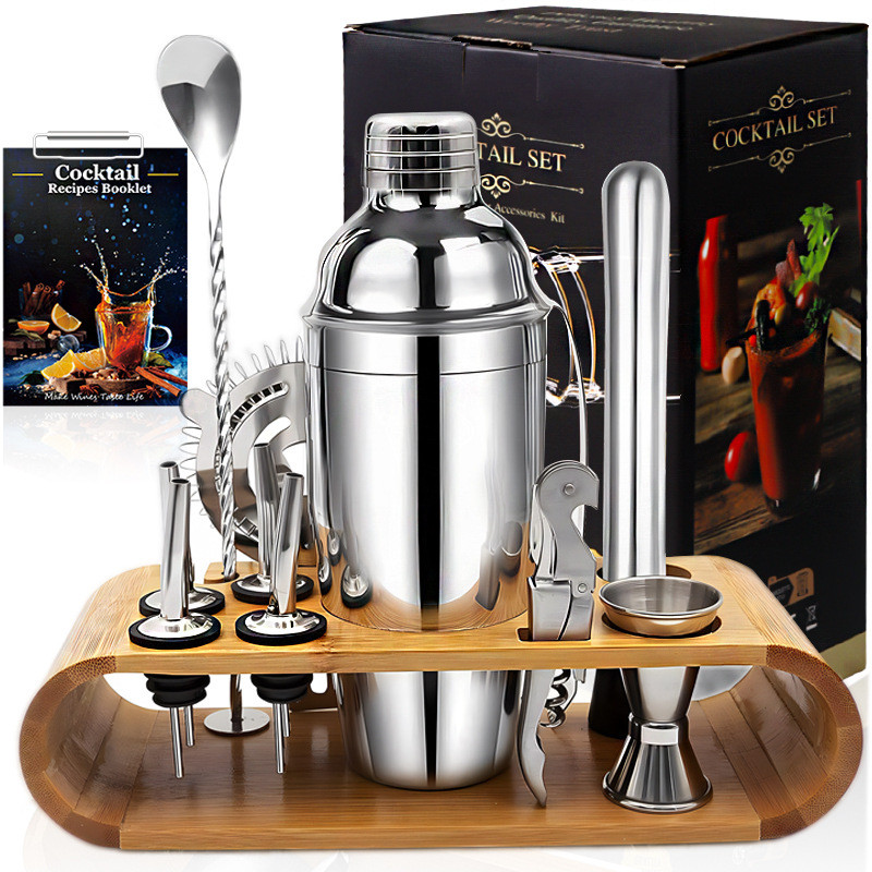 现货不锈钢调酒器12件套椭圆竹架底座鸡尾酒调酒器酒吧工具