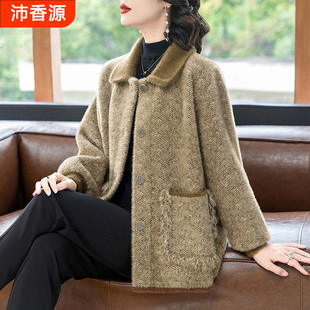 妈妈新款 外套宽松中老年人时尚 女装 开衫 大衣水貂绒黄色 秋冬装 冬季